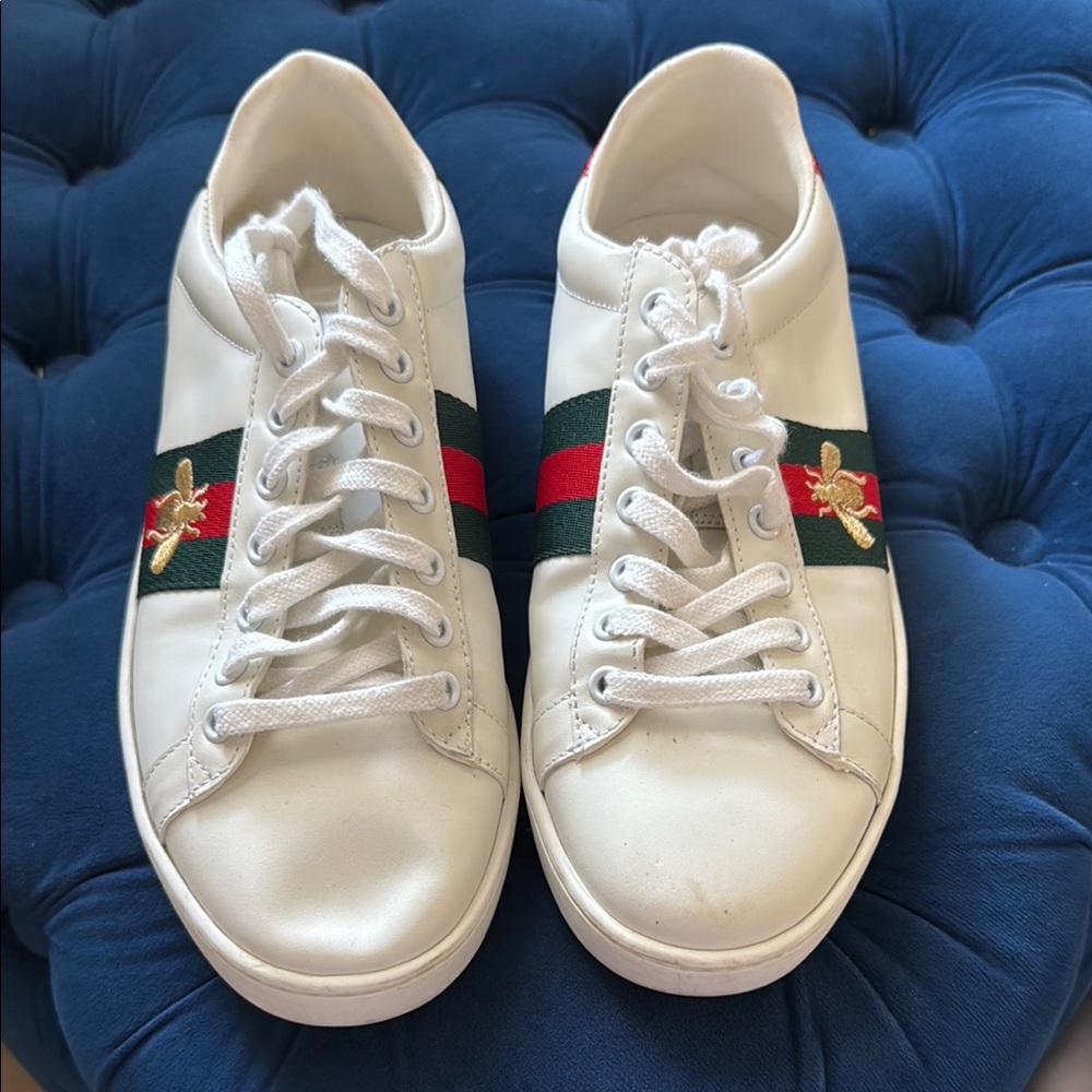 Very G Designer Inspired White Sneakers with Red Green Stripe